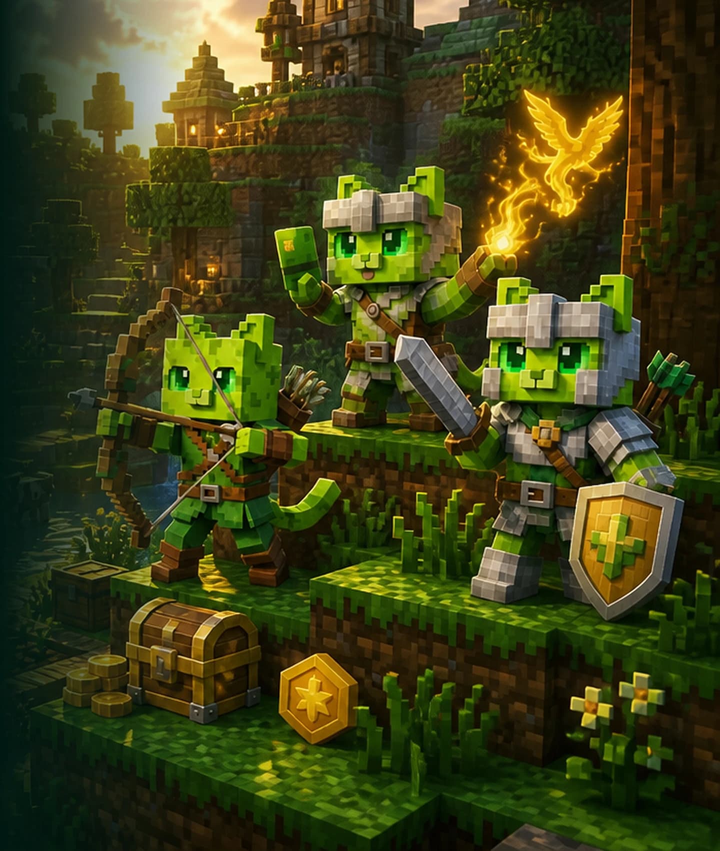 Minecraft characters in a forest landscape